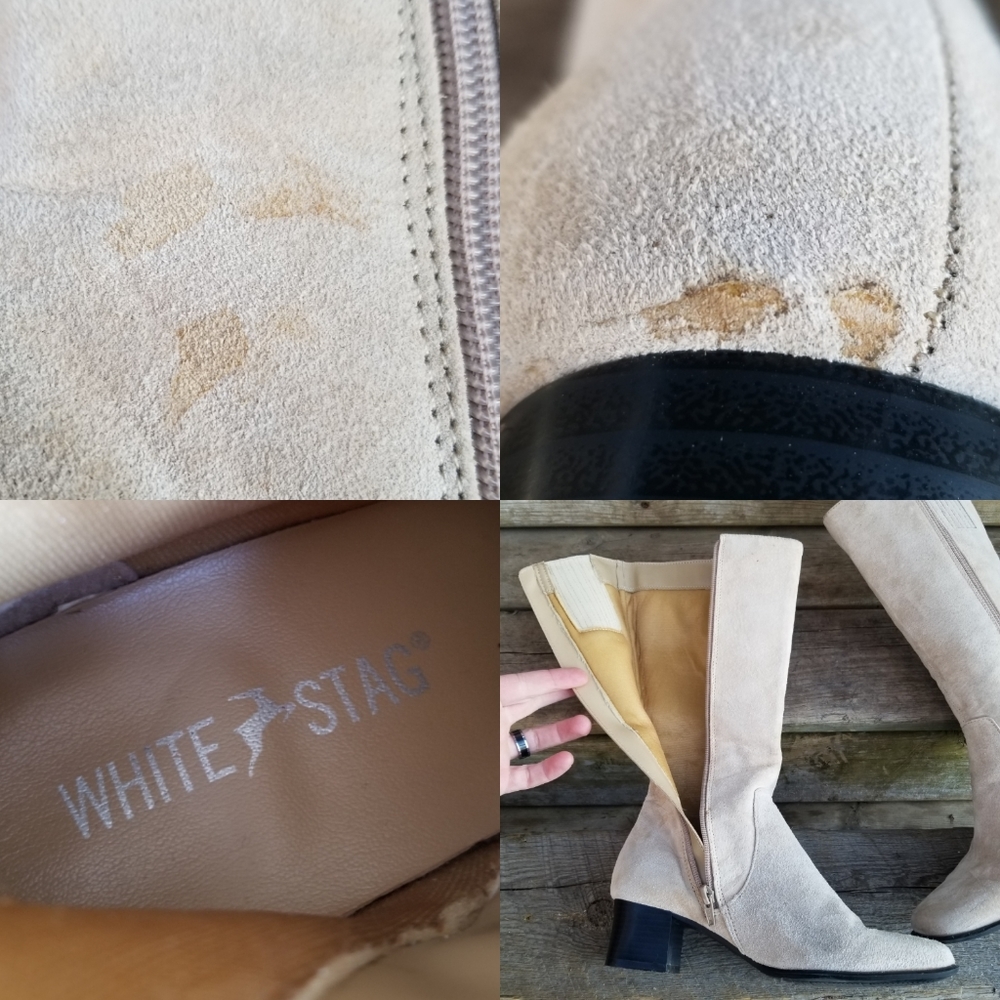Vintage 90s y2k Chunky Heel Square Toe Bone Cream Suede Leather Tall Boots 7.5 - Picture 3 of 11